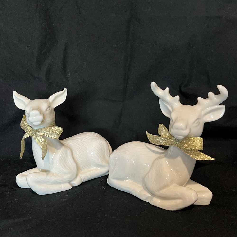 Elegant White Deer Figurines with Gold Accents